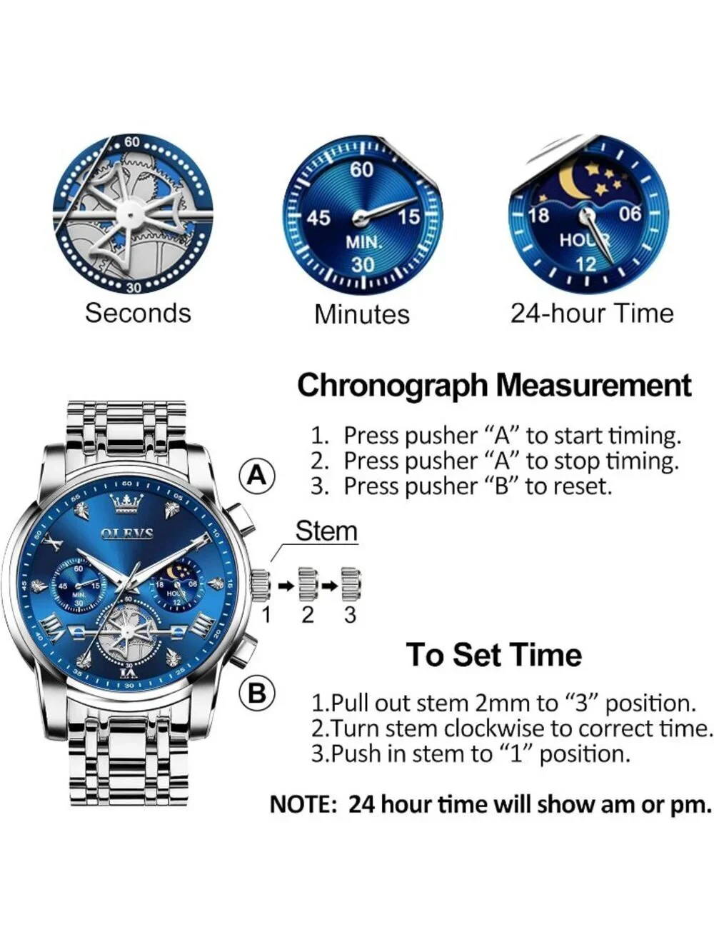 Men's Blue / Silver Stainless Steel Chronograph Waterproof Quartz Dress Watch